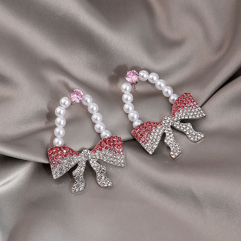 Fashion Inlay Rhinestone Artificial Pearl Fully-jewelled Bow Earrings