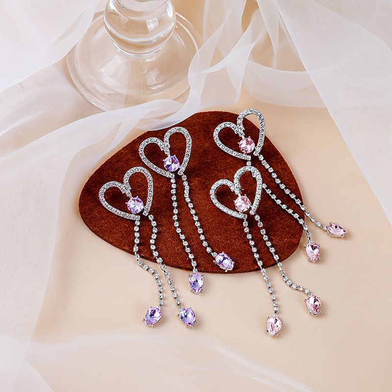 Fashion Large Heart Shaped Long Tassel Inlay Rhinestone Alloy Earrings
