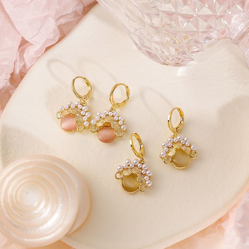 Fashion Pink Opal Inlaid Pearl Simple Sweet Alloy Earrings