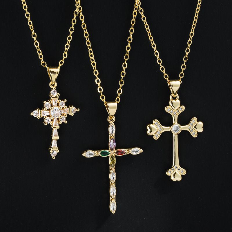 Mode Gold-überzogene Kupfer Anhänger Intarsien Zirkon Kreuz Halskette Zubehör