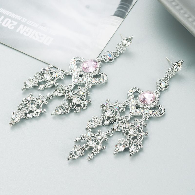 Fashion New Retro Baroque Pink Glass Drill Heart Shaped Tassel Alloy Earrings