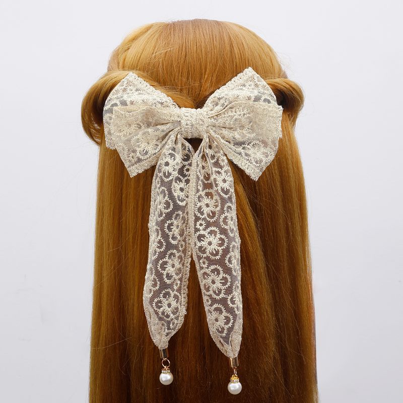 Women's Fashion Sweet Bow Knot Lace Hair Accessories Sewing Artificial Pearls Hair Clip 1 Piece