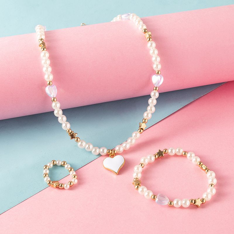 Nouveau Mode Mignon Coeur Pendentif Perle Perle Collier Bague Bracelet Bijoux Pour Enfants 3 Pièces Ensemble
