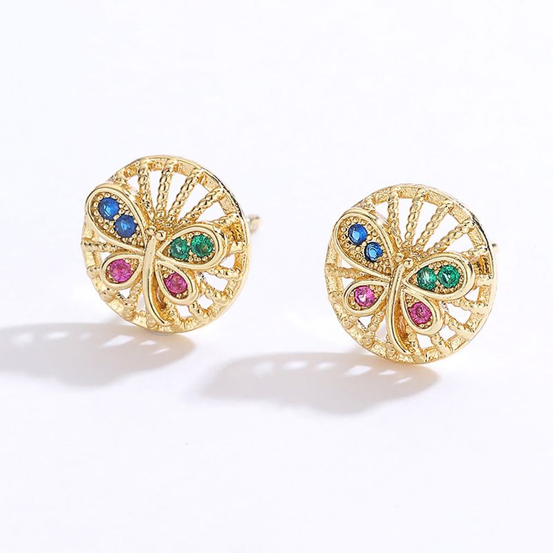 Simple Golden Hollow Butterfly Shape Copper Inlaid Colorful Zircon Stud Earrings