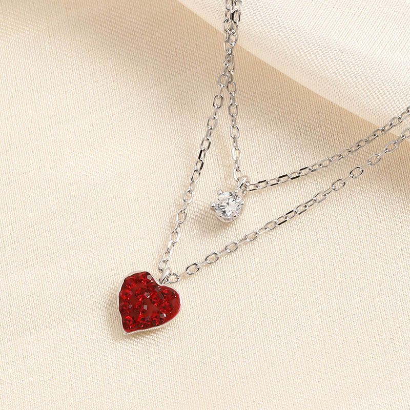 Rhinestone Inlaid Red Heart Shape S925 Sterling Silver Necklace