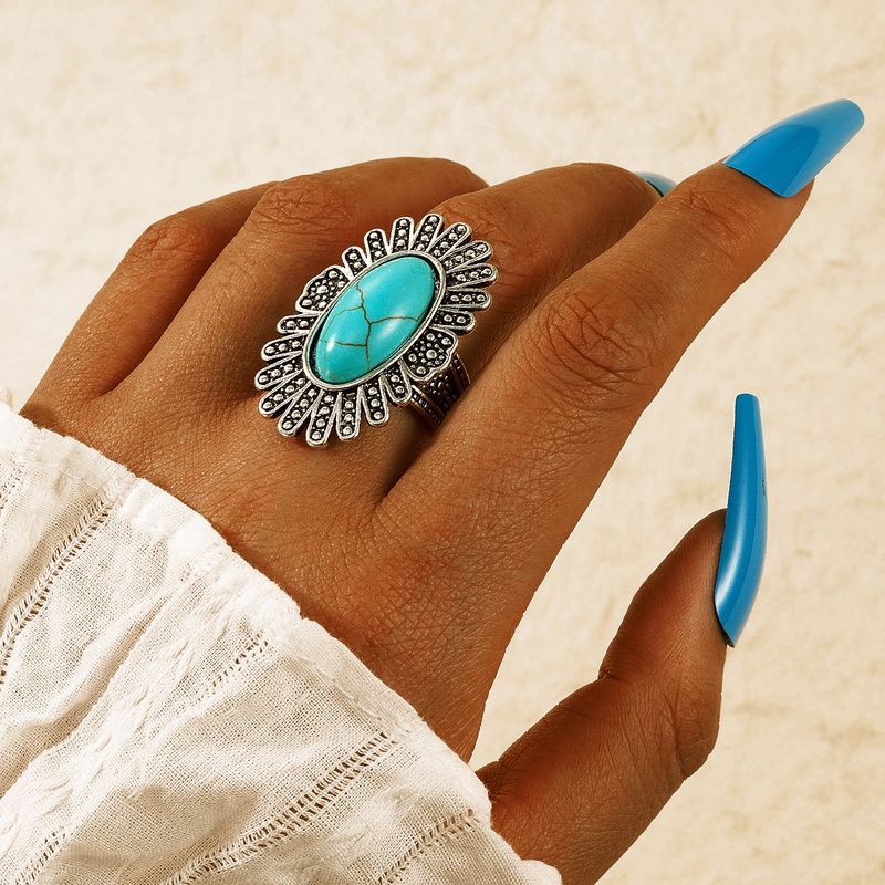 New Retro Style Inlaid Oval Turquoise Alloy Ring