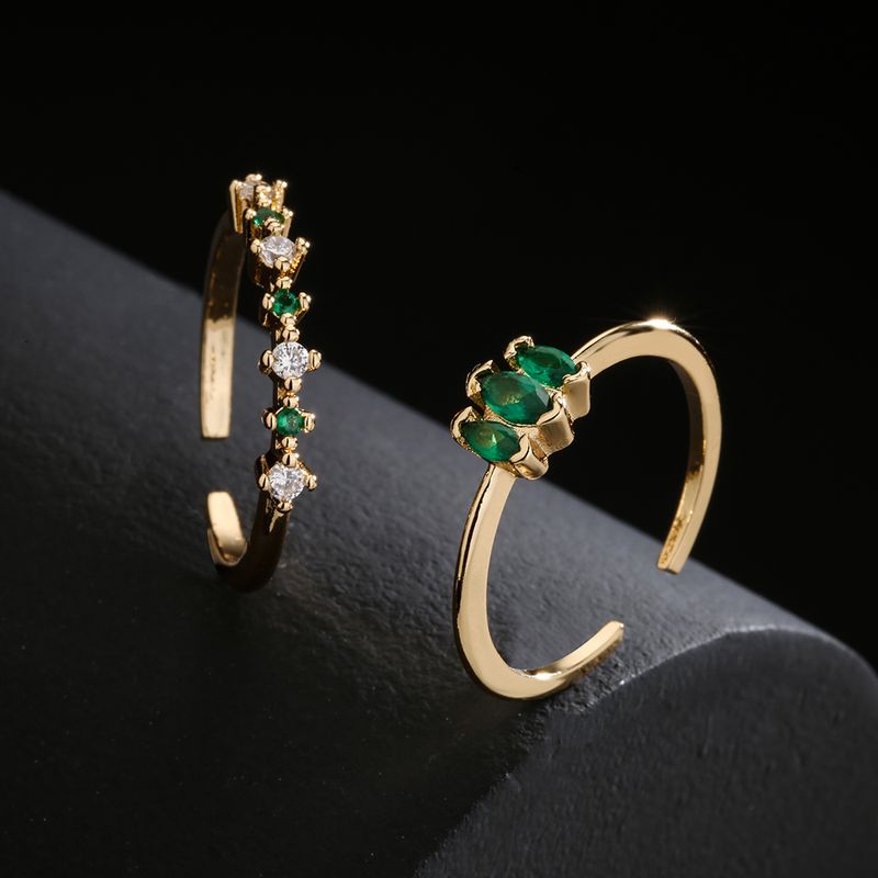 Fashion Simple 18k Gold Plated Micro Inlaid Green Zircon Geometric Open Adjustable Ring