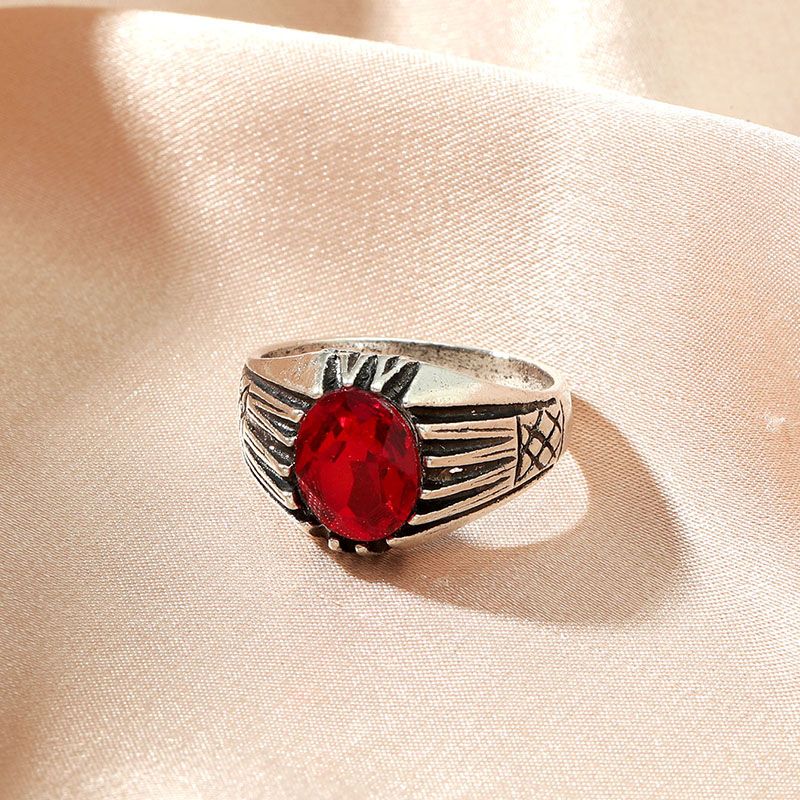 Fashion Retro Ruby Ethnic Ancient Silver Alloy Ring