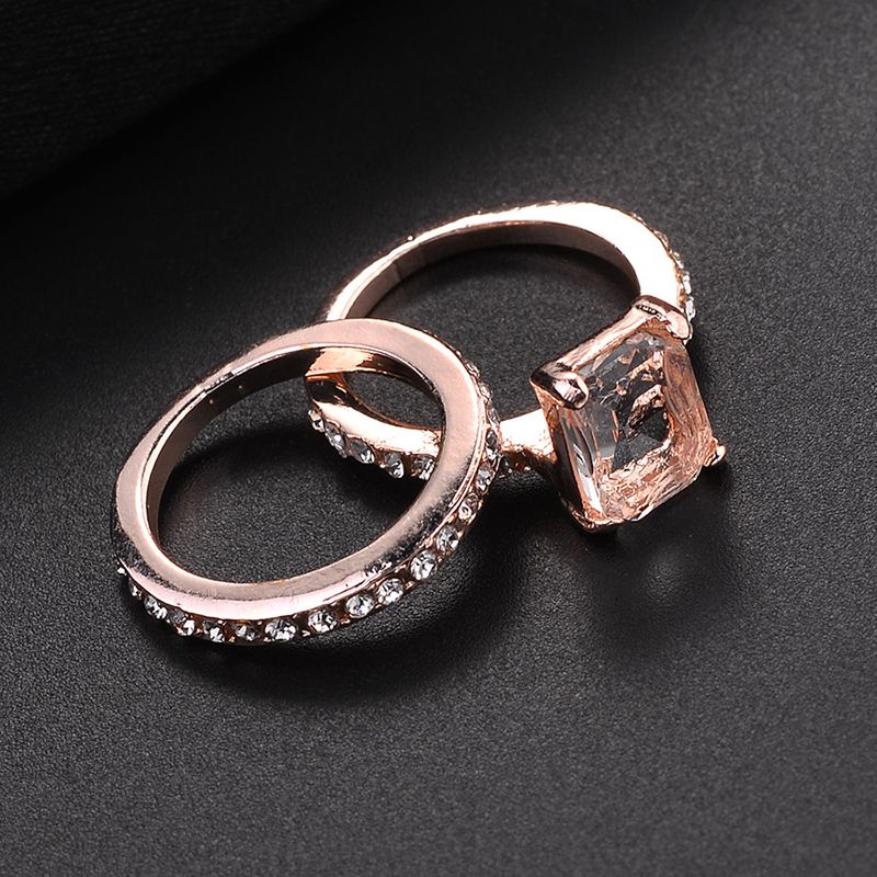 Fashionable Elegant Rhinestone Inlaid Square Ring Two-piece Set