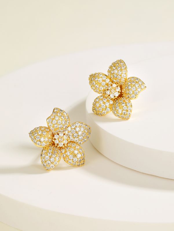 Mode Einfache Blume Form Überzug 18k Gold Zirkon Kupfer Ohrringe