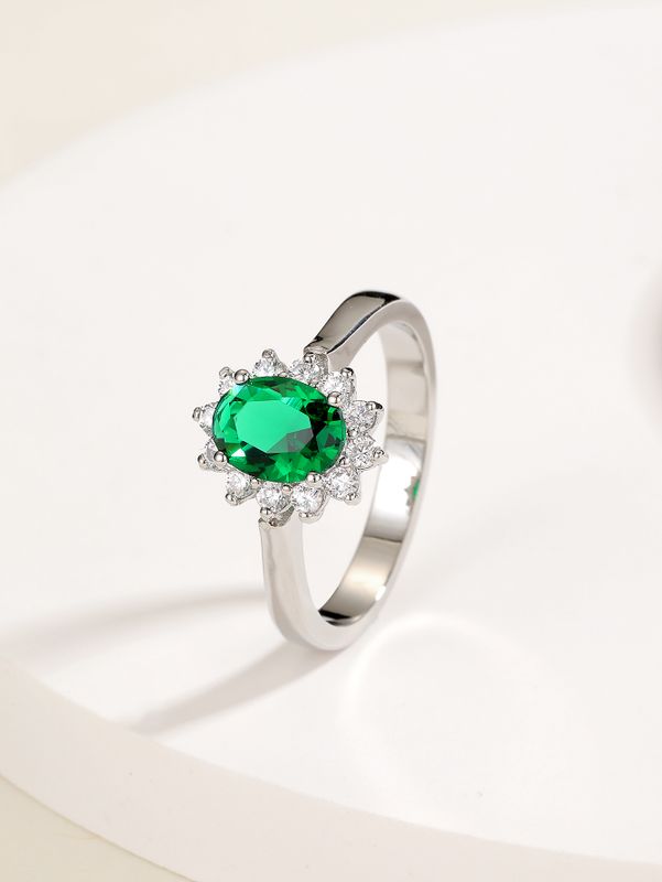 New Fashion Simple Green Copper Electroplated 18k White Gold Color Zircon Ring