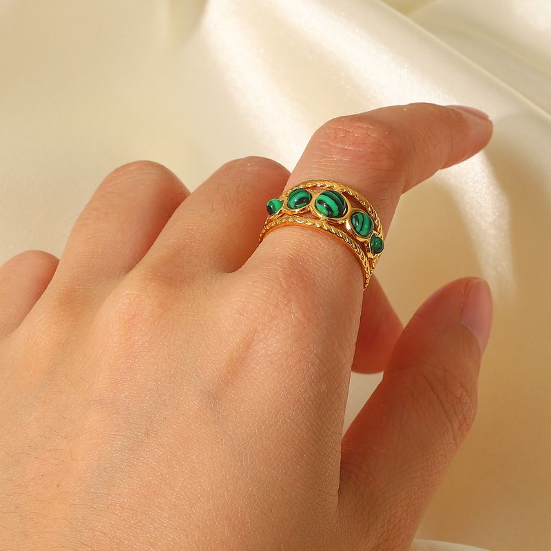 Fashion Natural Malachite Round Hollow Waterproof Opening Stainless Steel Ring Women