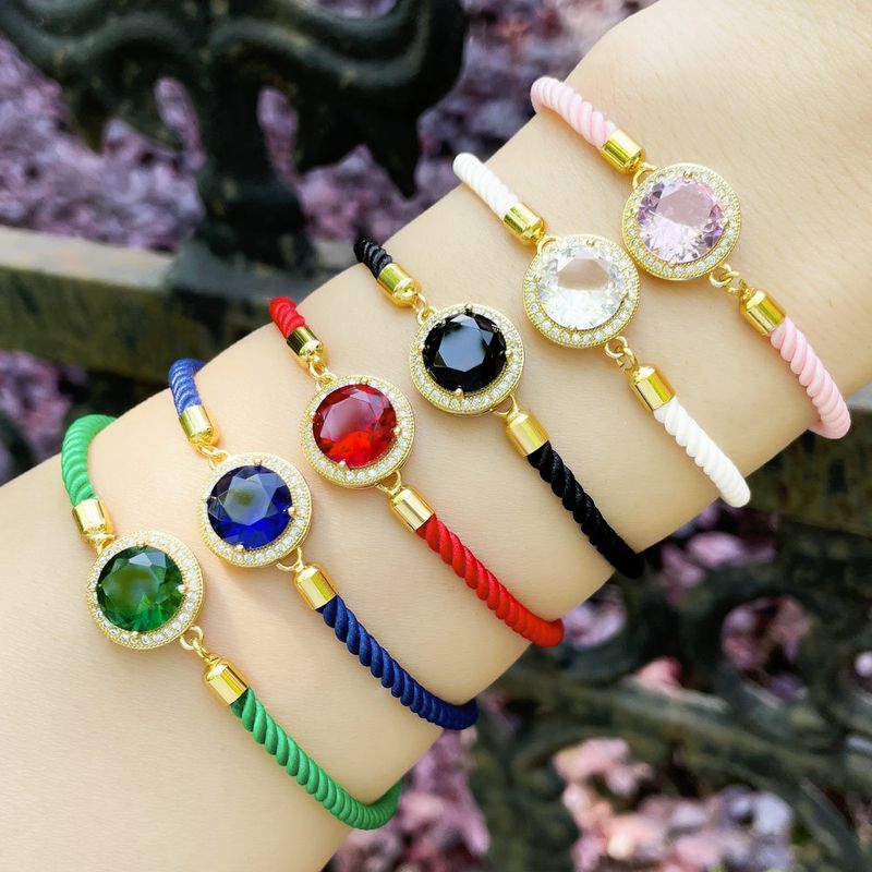 Moda Cuerdas Coloridas Mujer Bohemia Geométrica Redonda Grande Zirconia Llevar Correa Cobre Pulsera