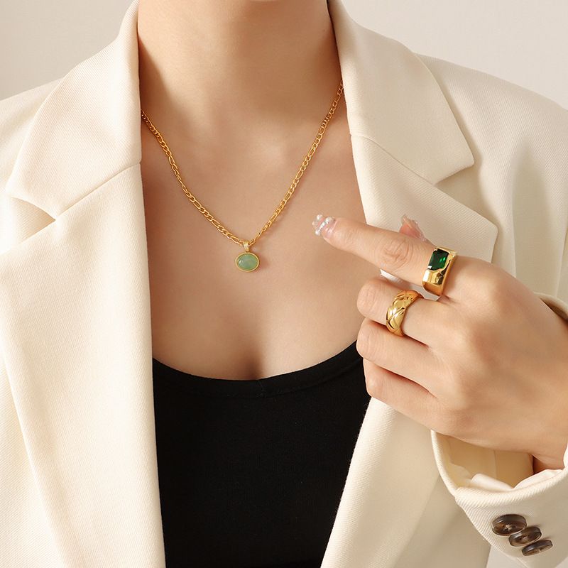 Fashion New Green Agate Pendant Titanium Steel Retro Necklace Earrings Jewelry Set