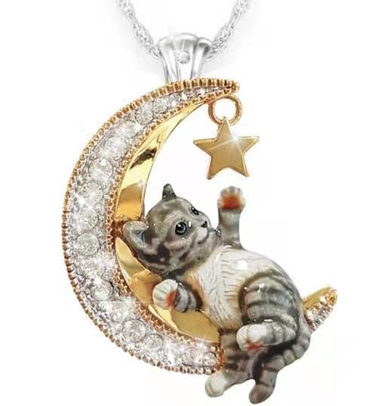 Lindo Micro Incrustaciones Zirconia Luna Mascota Kitty Collar Diamante Colgante De Media Luna