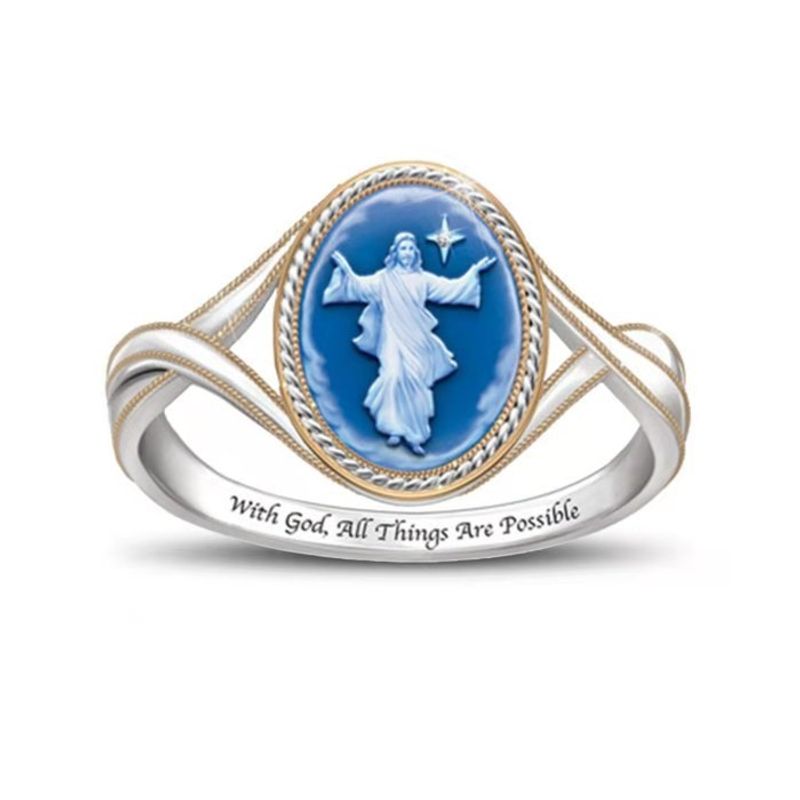 Fashion Retro Oval Blue White Hand Opening Jesus Letter Ring Wholesale