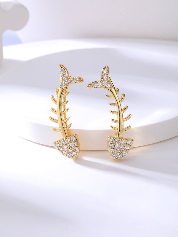 Fashion Creative New Goldfish Bone Electroplated 18k Gold Zircon Copper Earrings