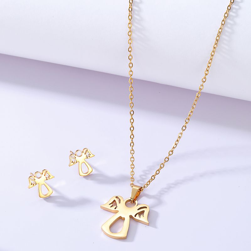 Simple Fashion Plated Angel Gold Stainless Steel Necklace Earrings Set