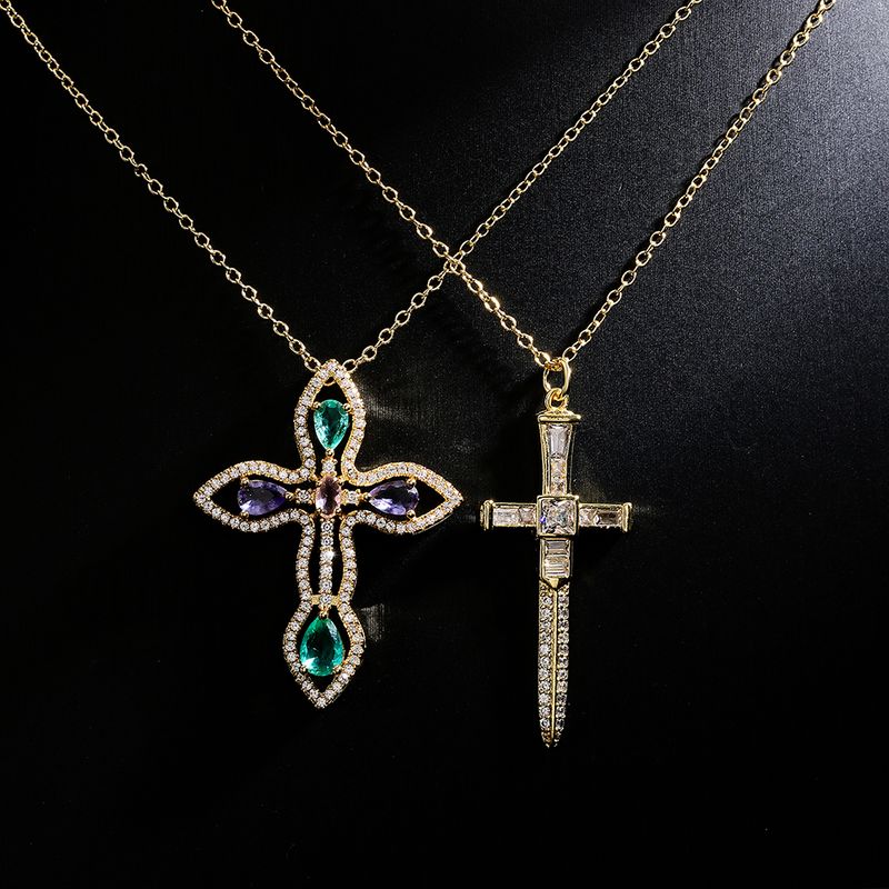 Fashion Copper 18k Gold Micro Inlaid Zircon Cross Pendant Necklace