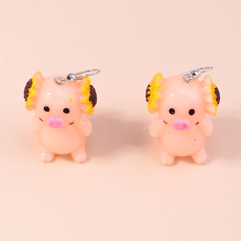 Cute Cartoon Animal Pig Shape Sunflower Pendant Earrings
