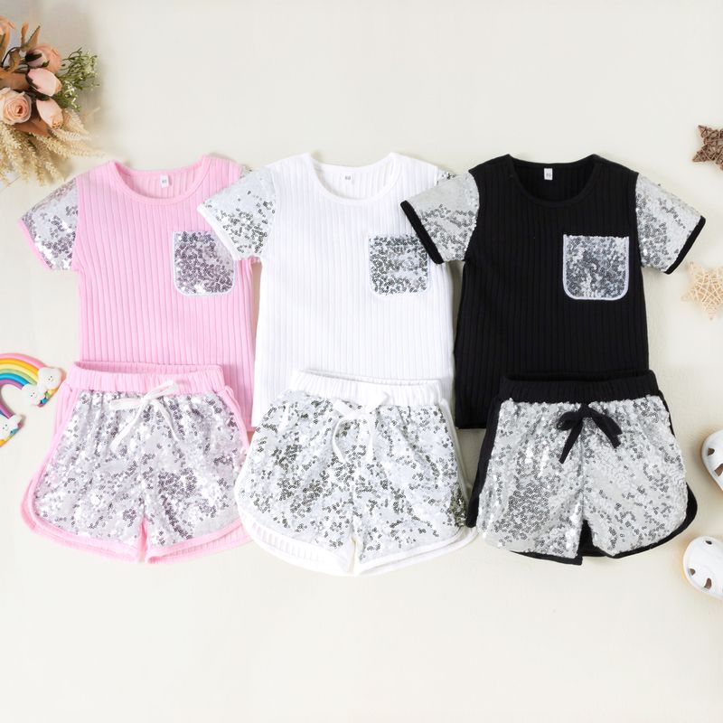 Fashion Children's Wear New Summer Little Girls Round Neck Sequins Embroidered Stitching Shorts Suit