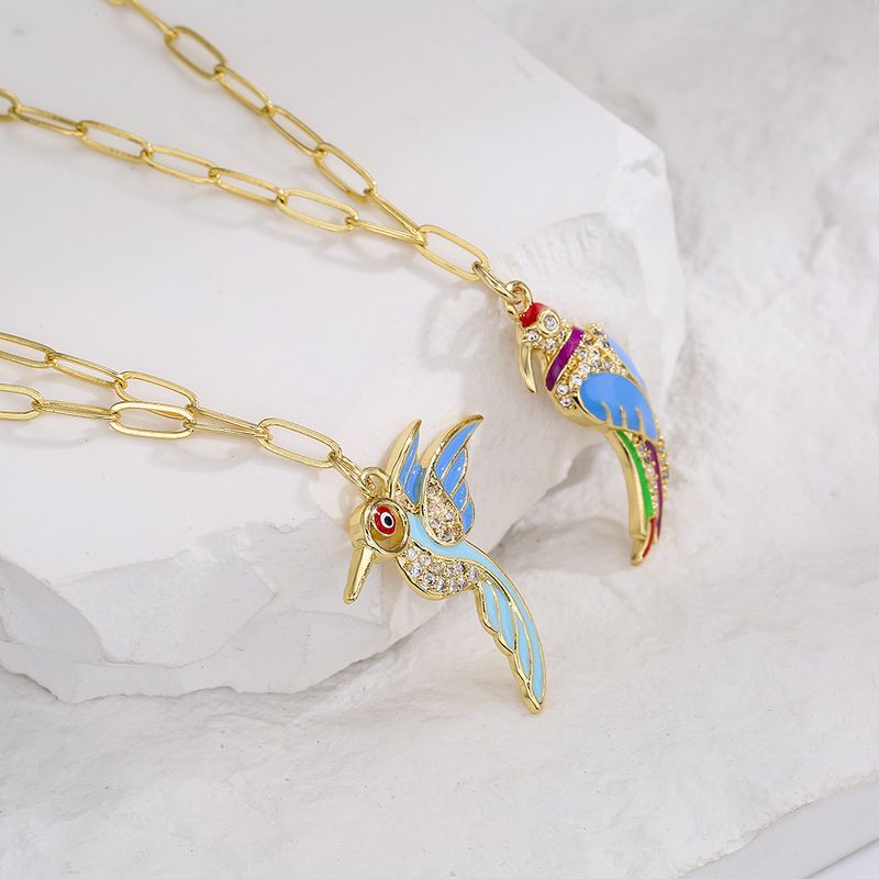 Fashion Copper 18k Gold Plating Zircon Drop Oil Parrot Pendant Necklace Female