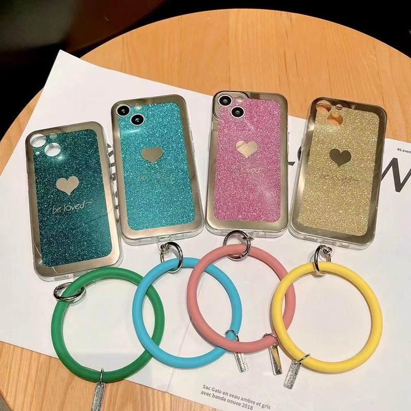 Moda Nuevo Estilo Electroplateado Corazón Glitter Pulsera Iphone 13 Funda De Teléfono