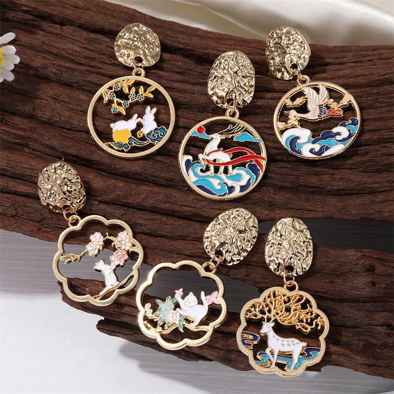 Retro Style Colorful Oil Round Hollow Crane Rabbit Sika Deer Cat Pendant Earrings