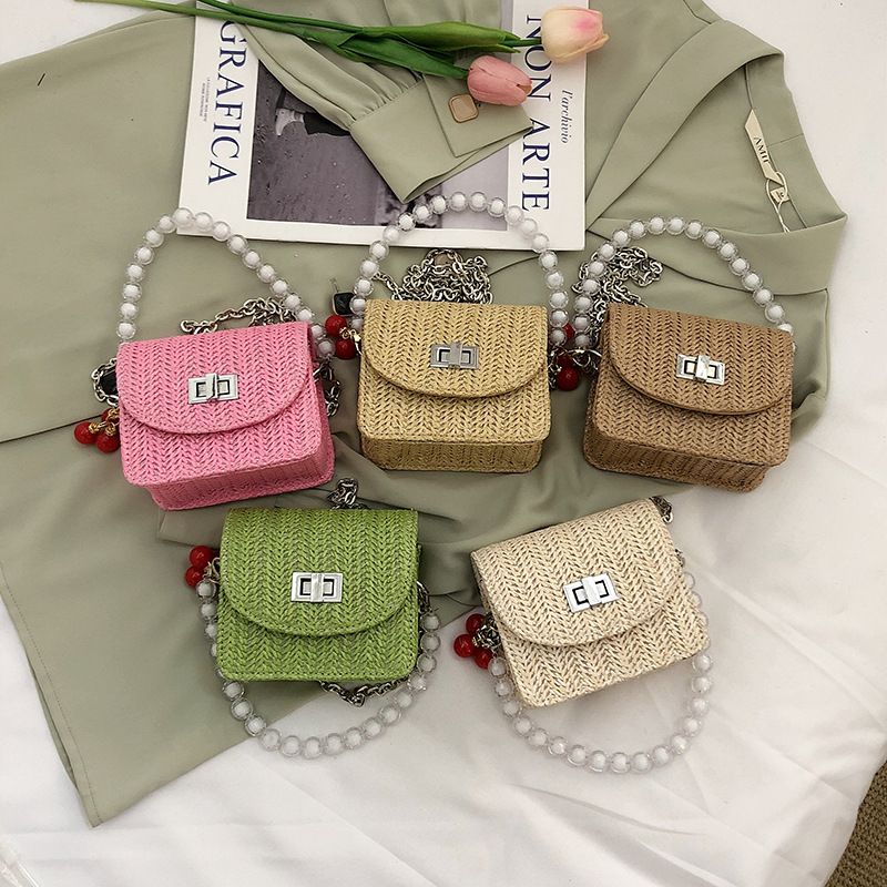 Mini Lipstick Pack Summer New Straw Pearl Hand Women's Casual Candy Color Chain Messenger Bag