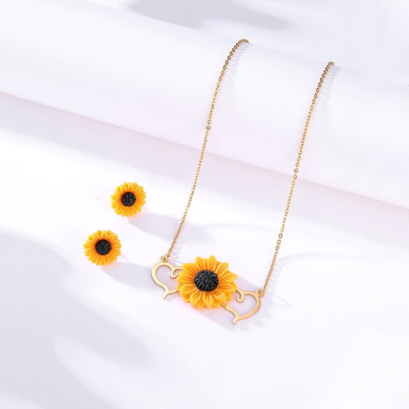 Mode Einfache Edelstahl Galvani 18k Gold Sonnenblumen Förmigen Stud Ohrringe Halskette Set