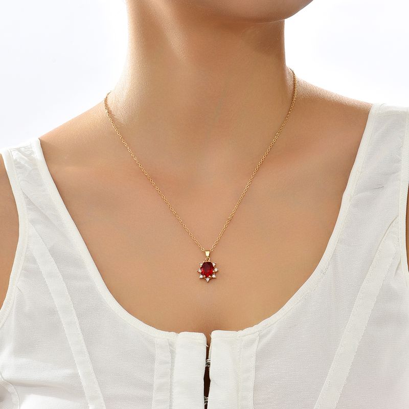 Fashion Red Oval Sunflower Gem Zircon Pendant Women's Copper Necklace