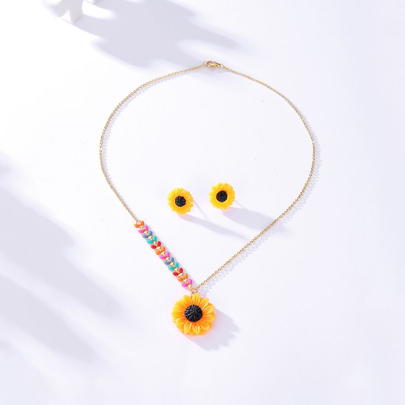 201 Stainless Steel 18K Gold Plated Fashion Plating Sunflower Earrings Necklace