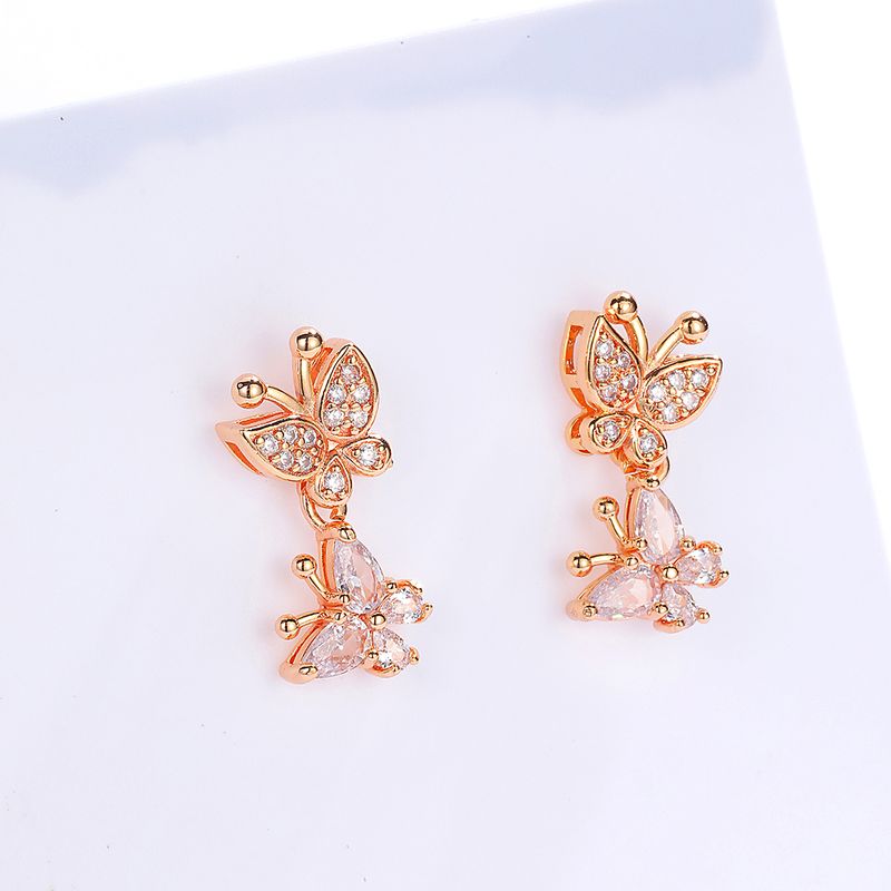 Mode Brillant Ornement De Cuivre Électrolytique 18k Or Incrusté Zircon Papillon Boucles D'oreilles