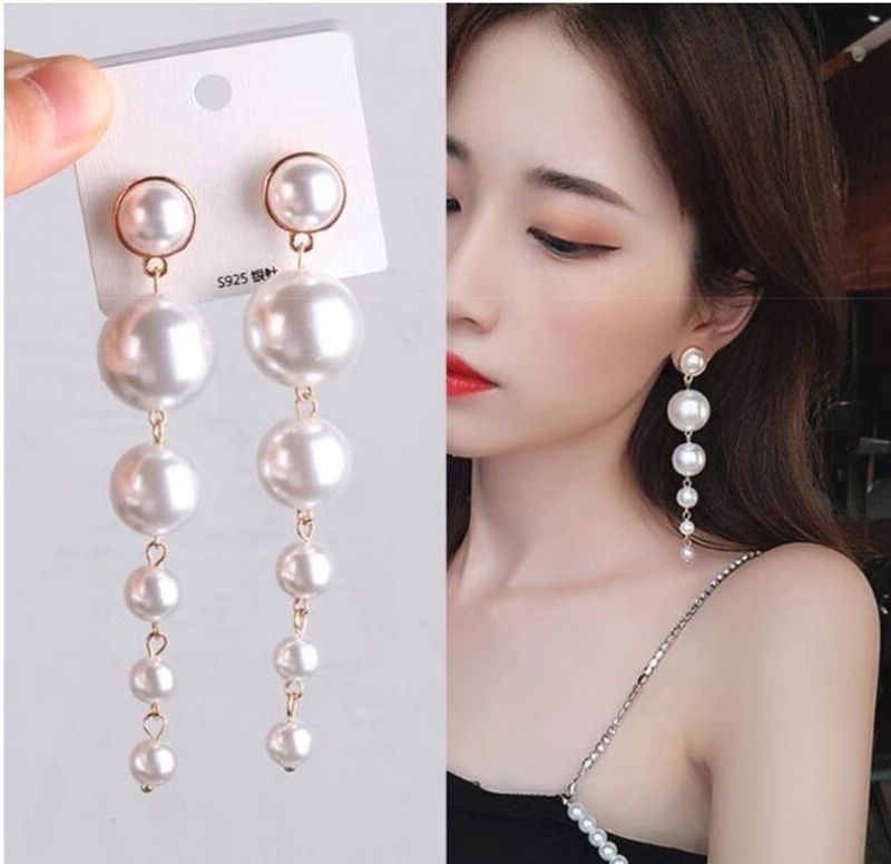Fashion Geometric Large Small Pearls Long Tassel Beaded Eardrops
