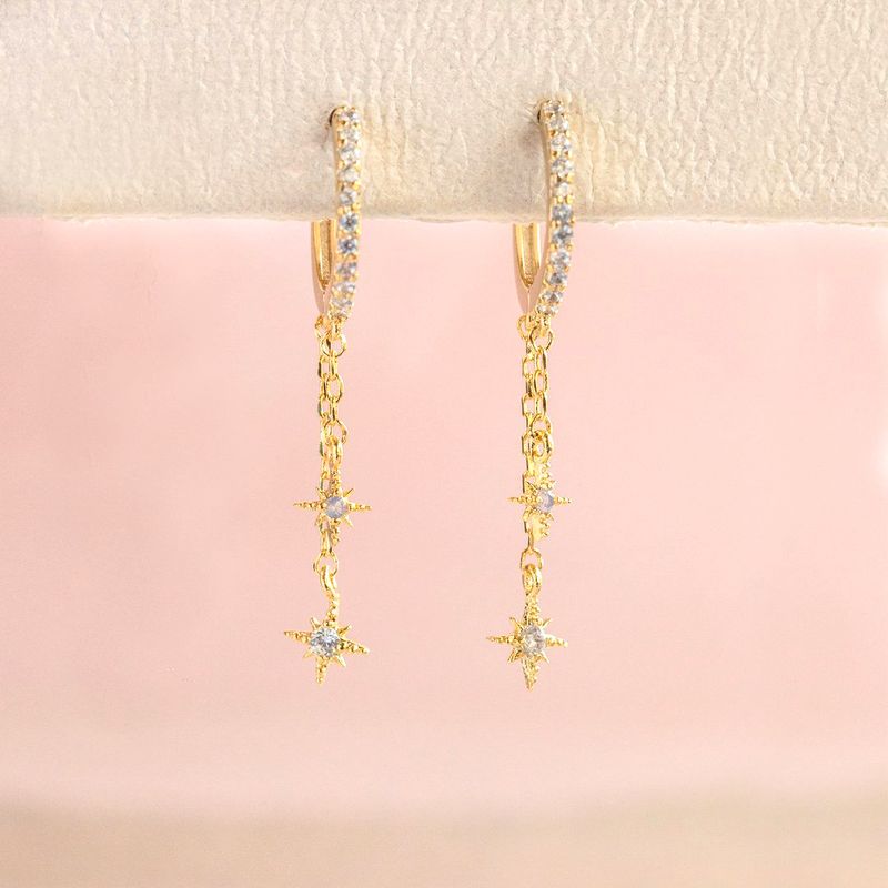 Summer New Chain Star Copper Zirconium Plated 18 Real Gold Long Earrings