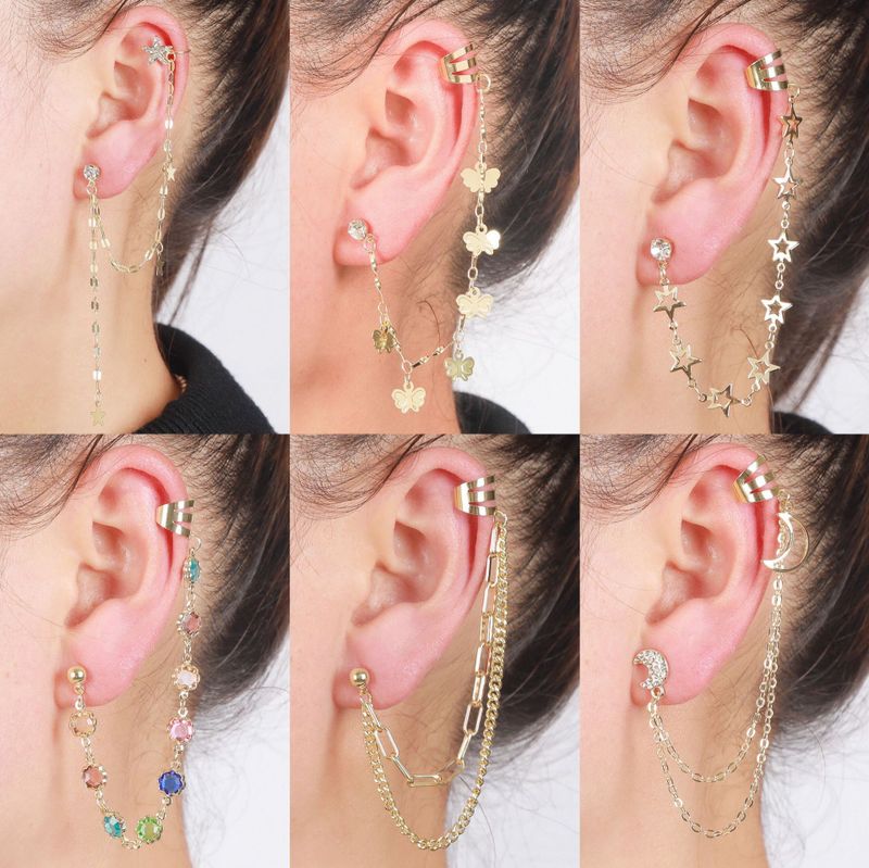 Earrings Octagonal Eight-pointed Stars Ear Chain Tassel Ear Clip Set Jewelry Wholesale