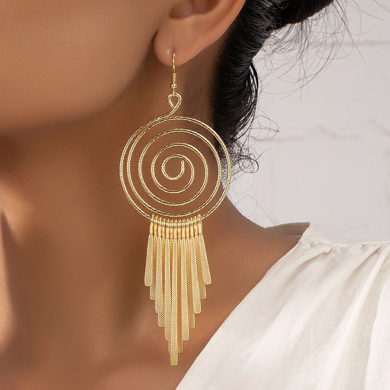 Ethnic Style Long Circle Spiral Disc Tassel Pendant Earrings