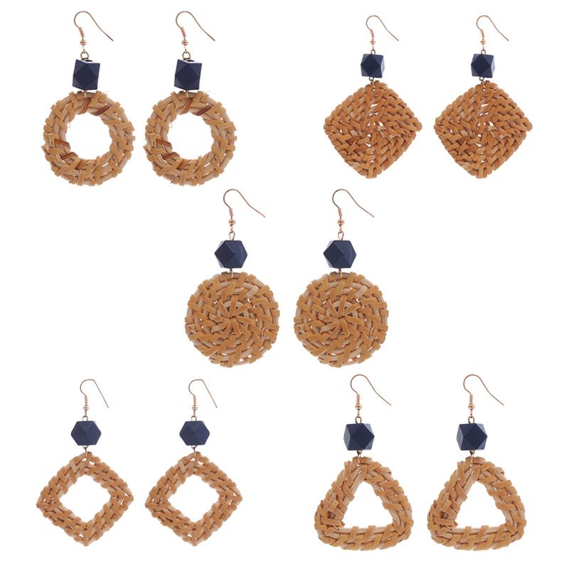 Retro Exaggerated Geometry Round Long Wooden Stitching Bamboo Rattan Earrings