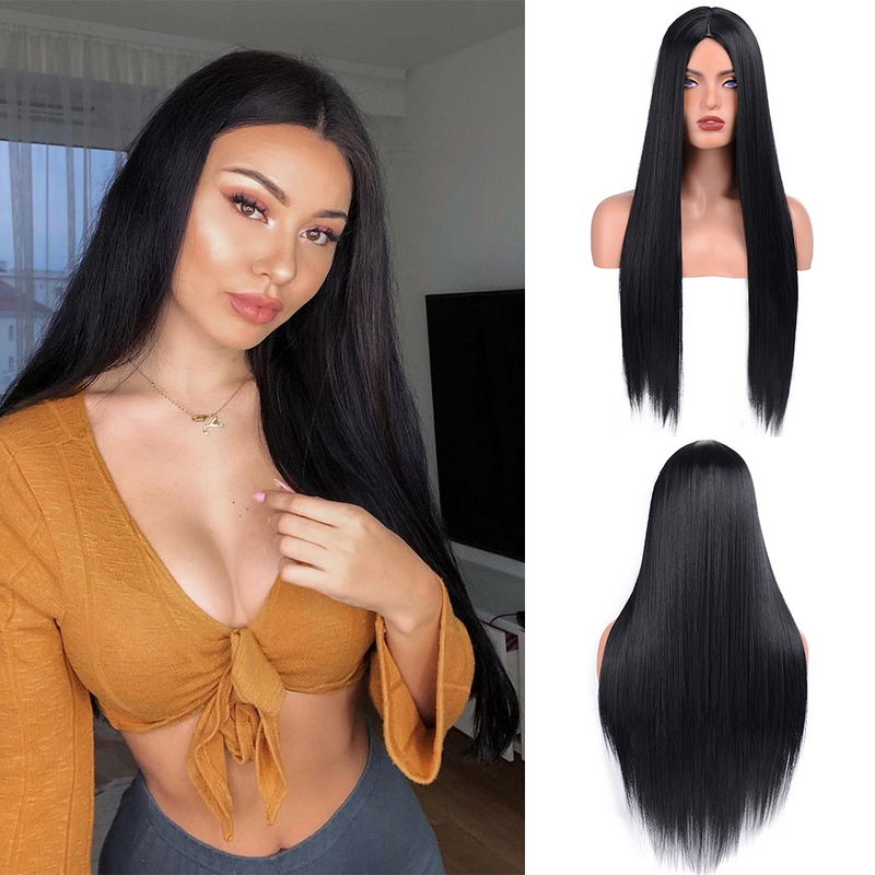 Women's Long Black Straight Hair Synthetic Mid-length High-temperature Fiber Wigs