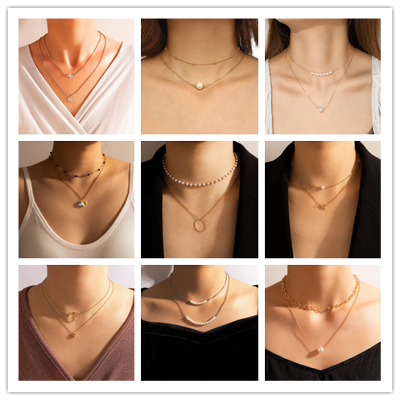 Simple Style Geometric Pearl Chain Double-layer Alloy Necklace