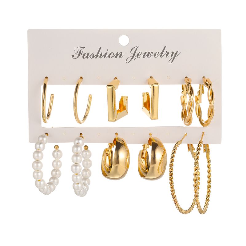 Simple Golden Geometric Pearl Alloy 6-piece Hoop Earrings Set