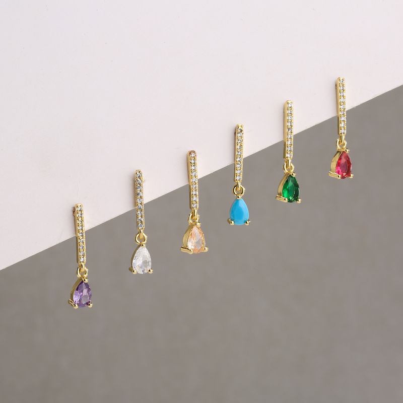 Colorful Zircon Water Drop Shape Stud Earrings Micro Inlaid Zircon 18k Real Gold Electroplated Earrings