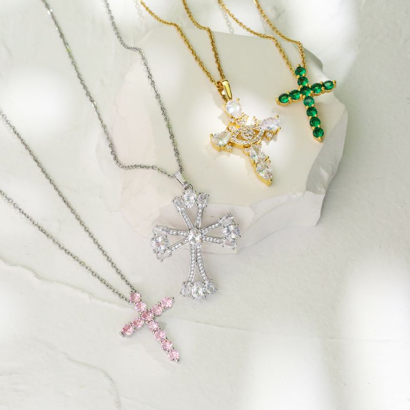 Micro Intarsien Zirkon Kreuz Anhänger Kupfer Halskette Religiöse Ornament
