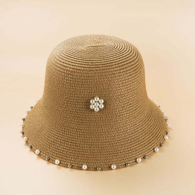 New Pearl Foldable Bucket Hat Women's Summer Sun-proof Straw Hat Wholesale