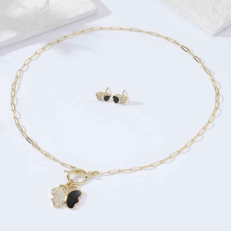 Mode Einfache Schmetterling-förmigen Intarsien Zirkon Überzug Gold Kupfer Halskette Ohrringe Set