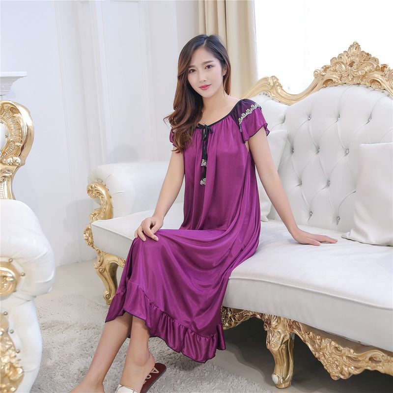 Simple Sexy  Solid Color Short Sleeves Ice Silk Polyester Long Pajamas