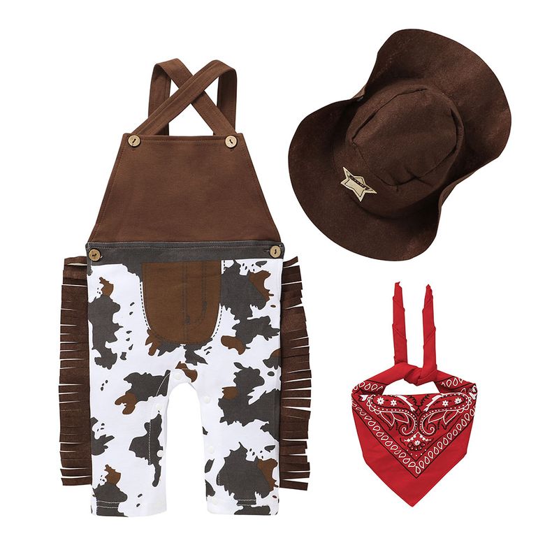 Boy Baby Dick And Cowboy Jumpsuit Hat Three-piece Set