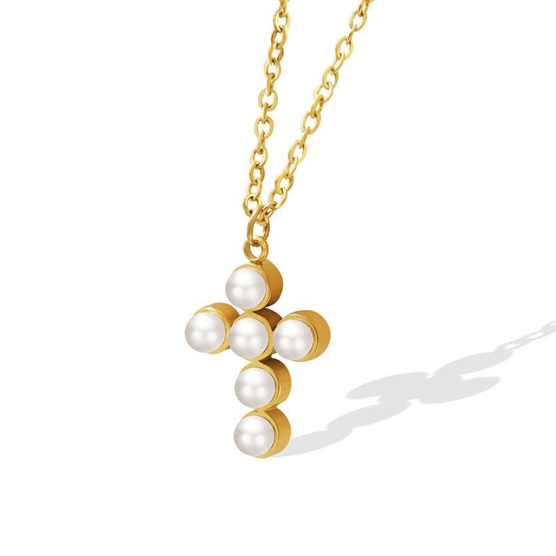 Trendy Simple Golden Pendant Cross Pearl Titanium Necklace