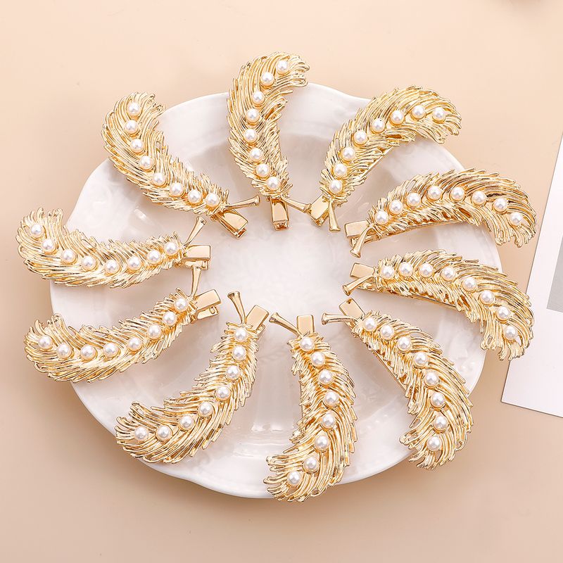10 Pcs Feather Shaped Metal Inlay Pearl Hair Clip Accessories