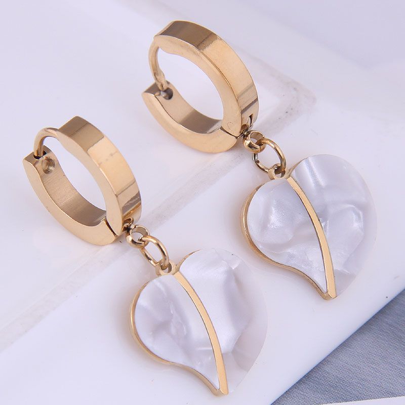Fashion Simple Silvery Golden Pendant Heart Shape Titanium Steel Hoop Earrings